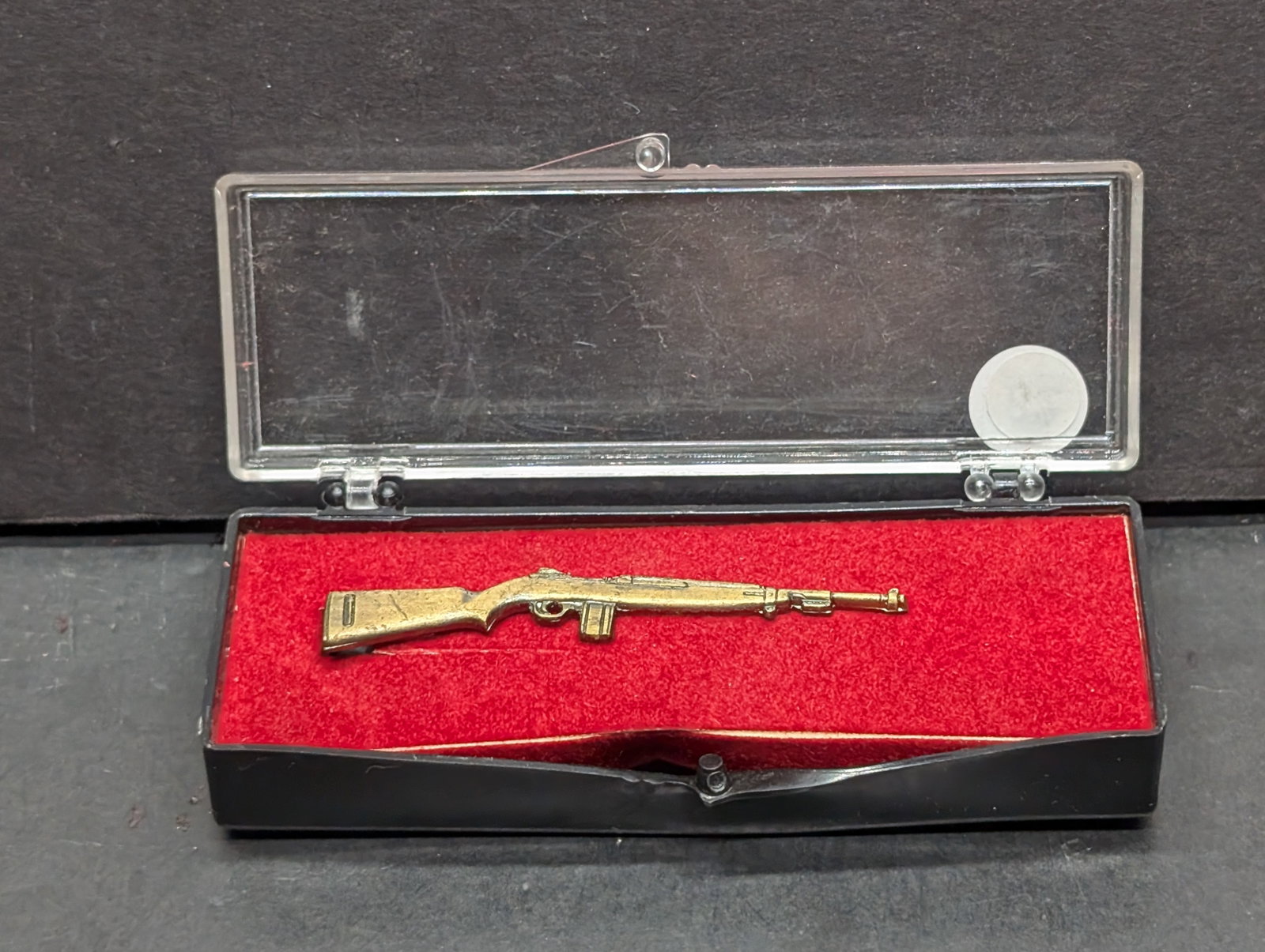 Carbine Rifle Tie Clip NIB Vintage: Classic M1 Carbine Rifle Tie Clip, finely detailed, approx. 2 inches long, brass finish, gently used condition, includes original red velvet-lined display box.