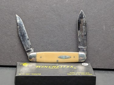 1988 Winchester W15 2991 Waterfall 2 Blade Knife, some tarnish, light rust top edge of blade NIB,