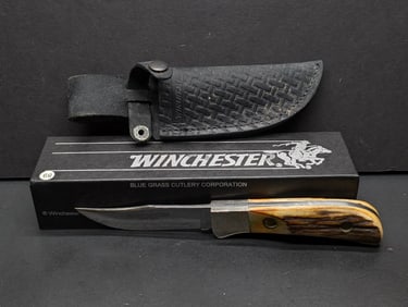 1990 Winchester W 15 0680 Hunter Fixed Blade Knife with Sheath, NIB, Made in USA By Bluegrass
