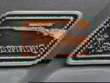 VINTAGE 1970s Belt Buckle BROWNING GUN & HUNTING PEWTER Green Lacquer inlays NOS