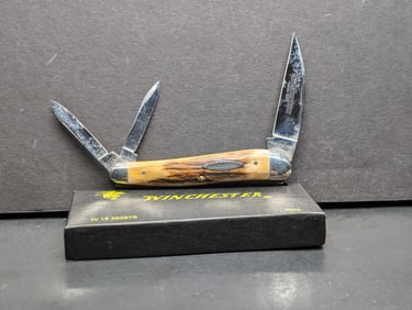 1996 Winchester 3 Bladed Pocket Knife, Stag Handles, #35097-S Made In USA By Bluegrass Cutlery O/B