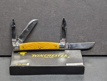 1998 Winchester 4 Bladed Pocket Knife, Made In USA By Bluegrass Cutlery, O/B, Yellow Bone Handles,