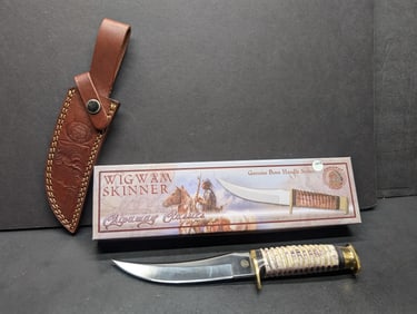 Wigwam Skinner Hunting Knife w/Sheath 5 1/2" Blade, Bone Handles, 10" Overall, Chipaway Cutlery,