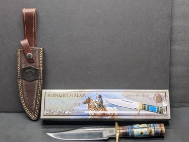 Midnight Stream Hunting Knife w/Sheath 6" Blade, Bone Handles, 12" Overall, Chipaway Cutlery, Made