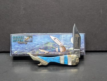 Ocoee River Cutlery By Frost Cutlery, Lady Leg Knife w/Bottle Opener, Turquoise & Mop Handles