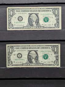 Lot of Two 2009 Series $1.00 Federal Reserve Notes w/ Fancy Serial Numbers (2) Tri-Nary Notes, One
