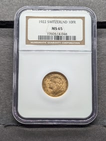 1922 Switzerland 10 SOLID GOLD Francs - NGC MS65