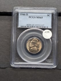 1946-D Jefferson Nickel. Slabbed by PCGS, top grader, as MS 65. Brilliant white coin. ...