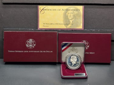 1993-S PROOF Thomas Jefferson 250th Anniv. Commemorative Silver Dollar in OGP w/ COA
