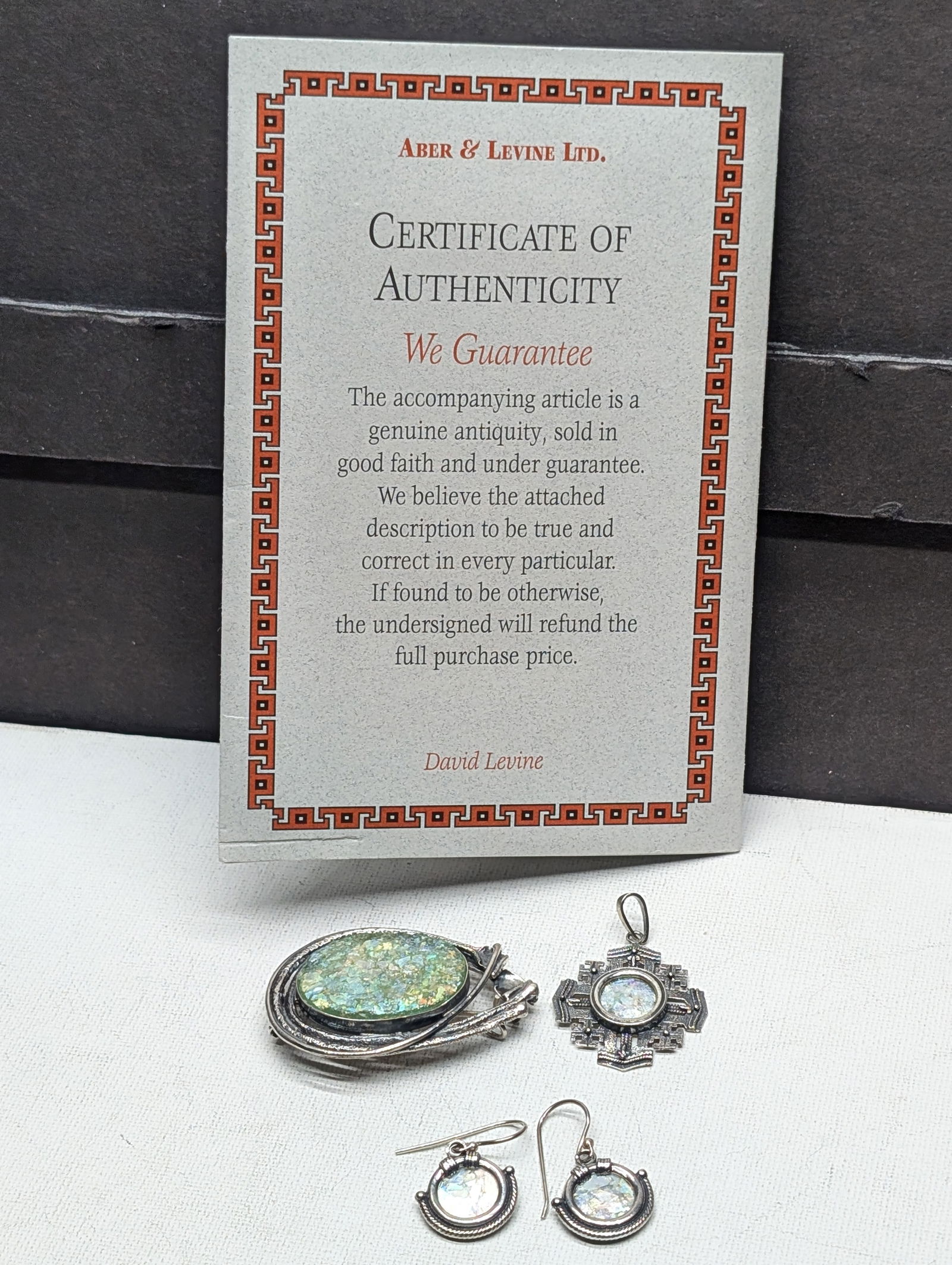 Ancient Roman Glass SOLID SILVER Jewelry Set w/ COA - Earrings, Pendant & Brooch - VERY PRETTY!! (1 of 13)