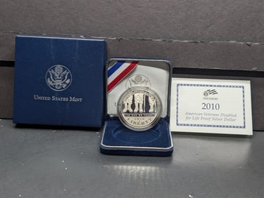 2010-W PROOF American Veterans Disabled for Life Commemorative Silver Dollar in OGP w/ COA