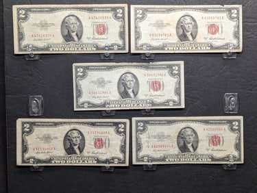 Lot of 5 1953 A Series $2.00 RED SEAL Banknotes