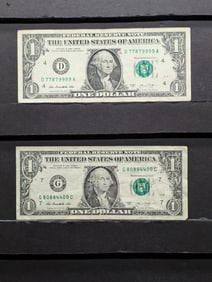Lot of Two 2013 Series $1.00 Federal Reserve Notes w/ Fancy Serial Numbers ( Tri-nary Notes)
