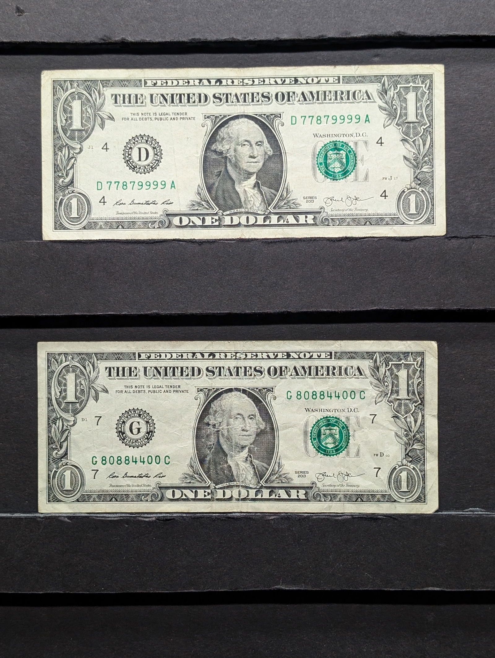 Lot of Two 2013 Series $1.00 Federal Reserve Notes w/ Fancy Serial Numbers ( Tri-nary Notes) (1 of 6)