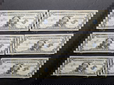 (6) 1957 $1 Silver Certificates (2) 1957, (2) 1957-A, (2) 1957-B Series