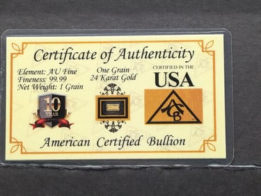 1 Grain .9999 FINE 24k GOLD Miniature Bar in Display Card w/ COA