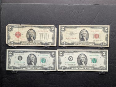 (4) $2 FRN's, 2 Crisp 1976 - 1 Series 1953 Red, 1928 G Series Red