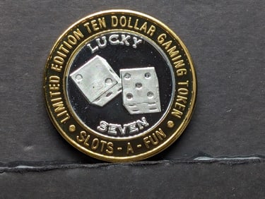 Limited Edition .999 FINE SILVER CENTER, Slots-A-Fun Casino $10 Gaming Token in Capsule
