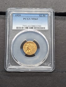 1929 Indian Head $2.50 SOLID GOLD Quarter Eagle - PCGS MS63