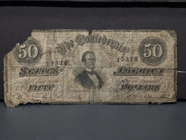 February 17th, 1864 The Confederate States of America $50.00 Obsolete Currency Note w/ Damage