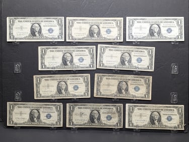 (3) 1935-F, (5) 35-G, (1) 1957, 1) 57-B Series $1.00 Silver Certificates