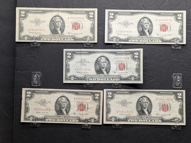 (2) 1953-B, (2) 53-C, (1) 1963 Series $2.00 RED SEAL Banknotes