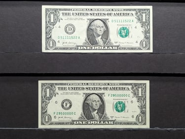 Lot of Two 2017 Series $1.00 Federal Reserve Notes w/ Fancy Serial Numbers (One Tri-nary Note) &