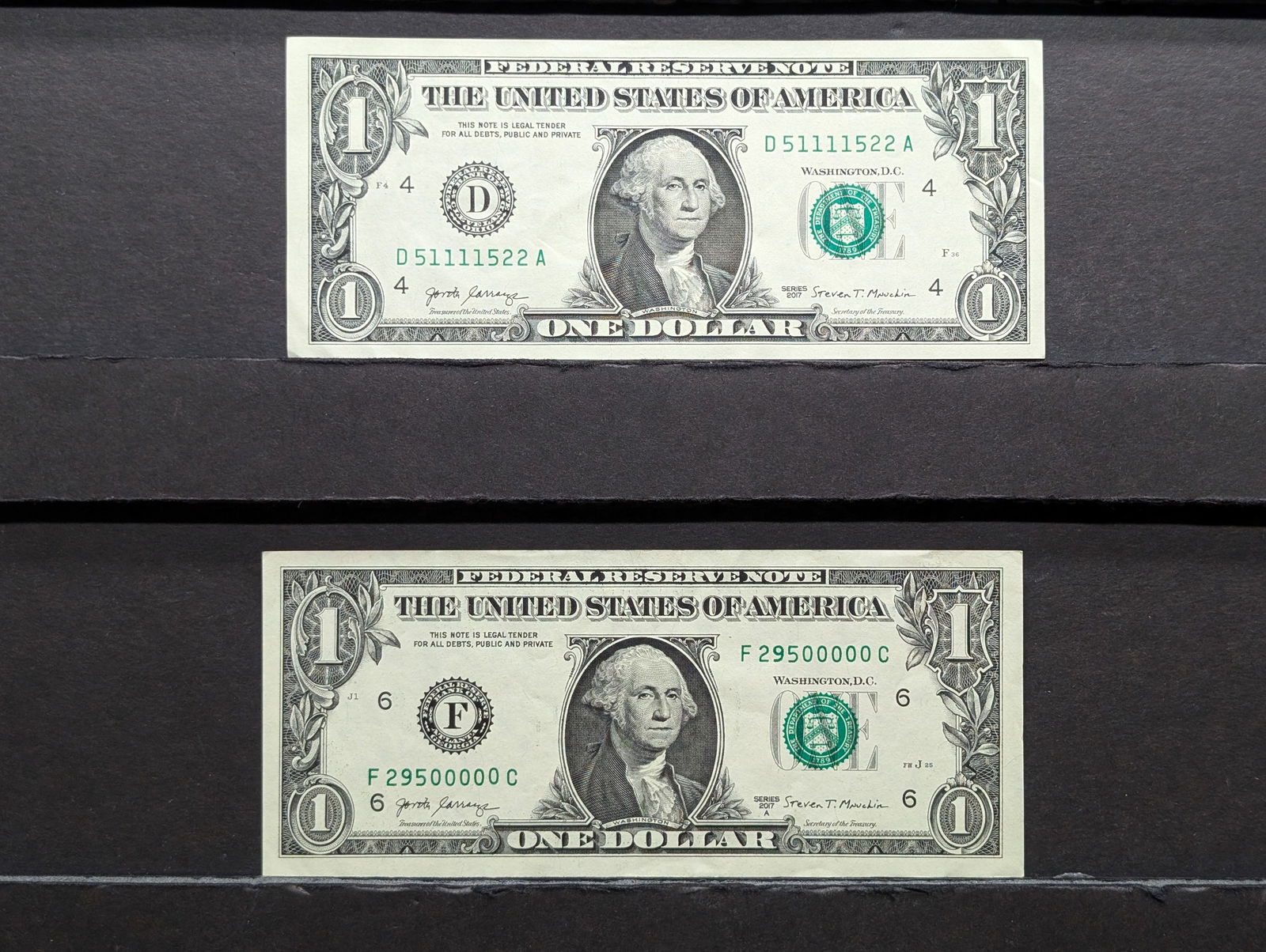 Lot of Two 2017 Series $1.00 Federal Reserve Notes w/ Fancy Serial Numbers  (One Tri-nary Note) & (1 of 6)