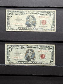 Lot of Two 1963 $5.00 RED SEAL Banknotes