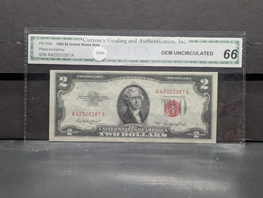1953 $2 Red Seal CGA GEM UNC 66