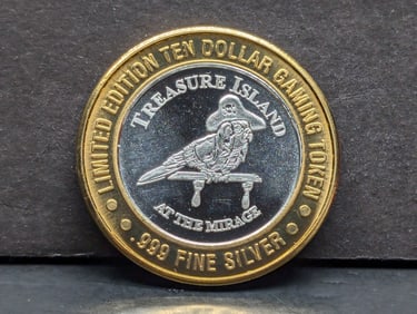 Limited Edition .999 FINE SILVER CENTER, Treasure Island Casino $10 Gaming Token in Capsule