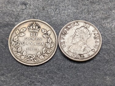 1913 Canada 10 Silver Cents & 1907 Panama 1/2 Centesimo