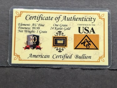 1 Grain .9999 FINE 24k GOLD Miniature Bar in Display Card w/ COA