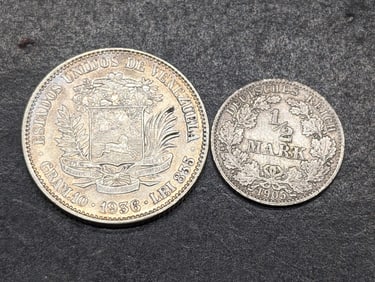 1936 South America 1 Silver Bolivar & 1905-A German Empire 1/2 Silver Mark