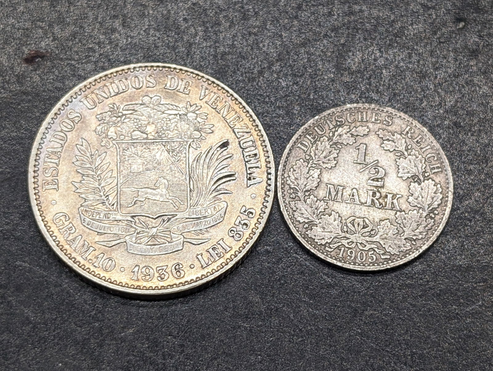 1936 South America 1 Silver Bolivar & 1905-A German Empire 1/2 Silver Mark (1 of 2)