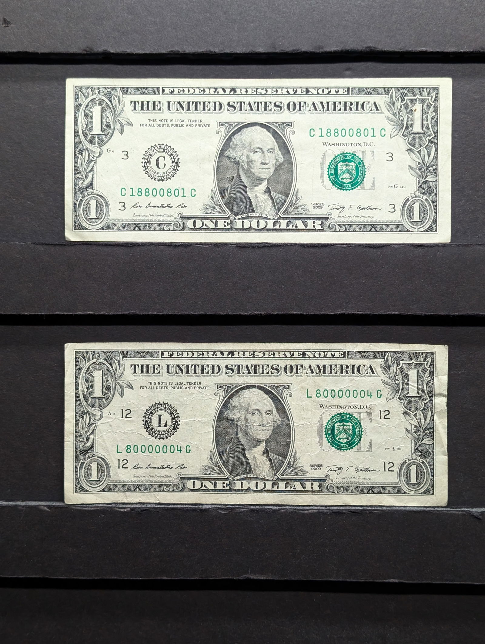 Lot of Two 2009 Series $1.00 Federal Reserve Notes w/ Trinary Serial Numbers (1 of 6)