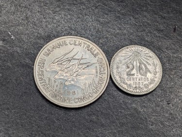 1961 Central Africa 50 Francs & 1907 Mexico 20 Silver Centavos