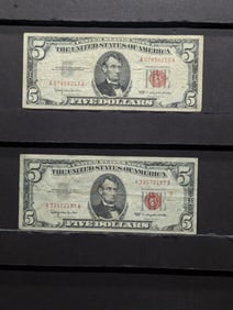 Lot of Two 1963 $5.00 RED SEAL Banknotes