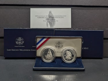 2000-P PROOF Leif Erikson Millennium Commemorative 2-Coin Silver Dollars Set in OGP w/ COA