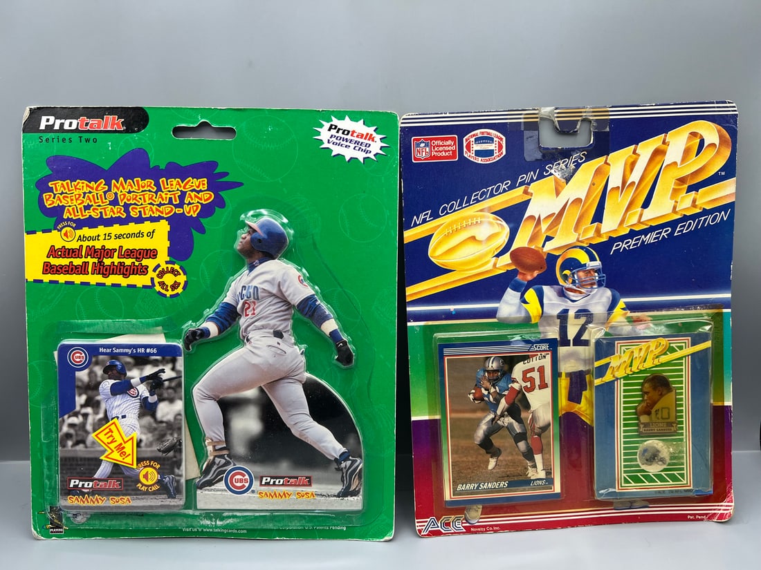 1999 Pro Talk Sammy Sosa Series 2 & 1990 MVP Collector Pin Series Barry Sanders - Bubbles are: 1999 Pro Talk Sammy Sosa Series 2 & 1990 MVP Collector Pin Series Barry Sanders - Bubbles are partially released from cards