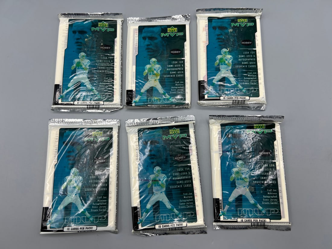 Lot of (6) 2000 Upper Deck MVP Football Factory Sealed Hobby Packs - Most packs appear to have cards (1 of 2)