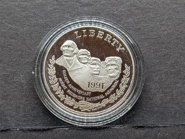 1991-S PROOF Mount Rushmore Anniv. Commemorative Silver Dollar in Capsule