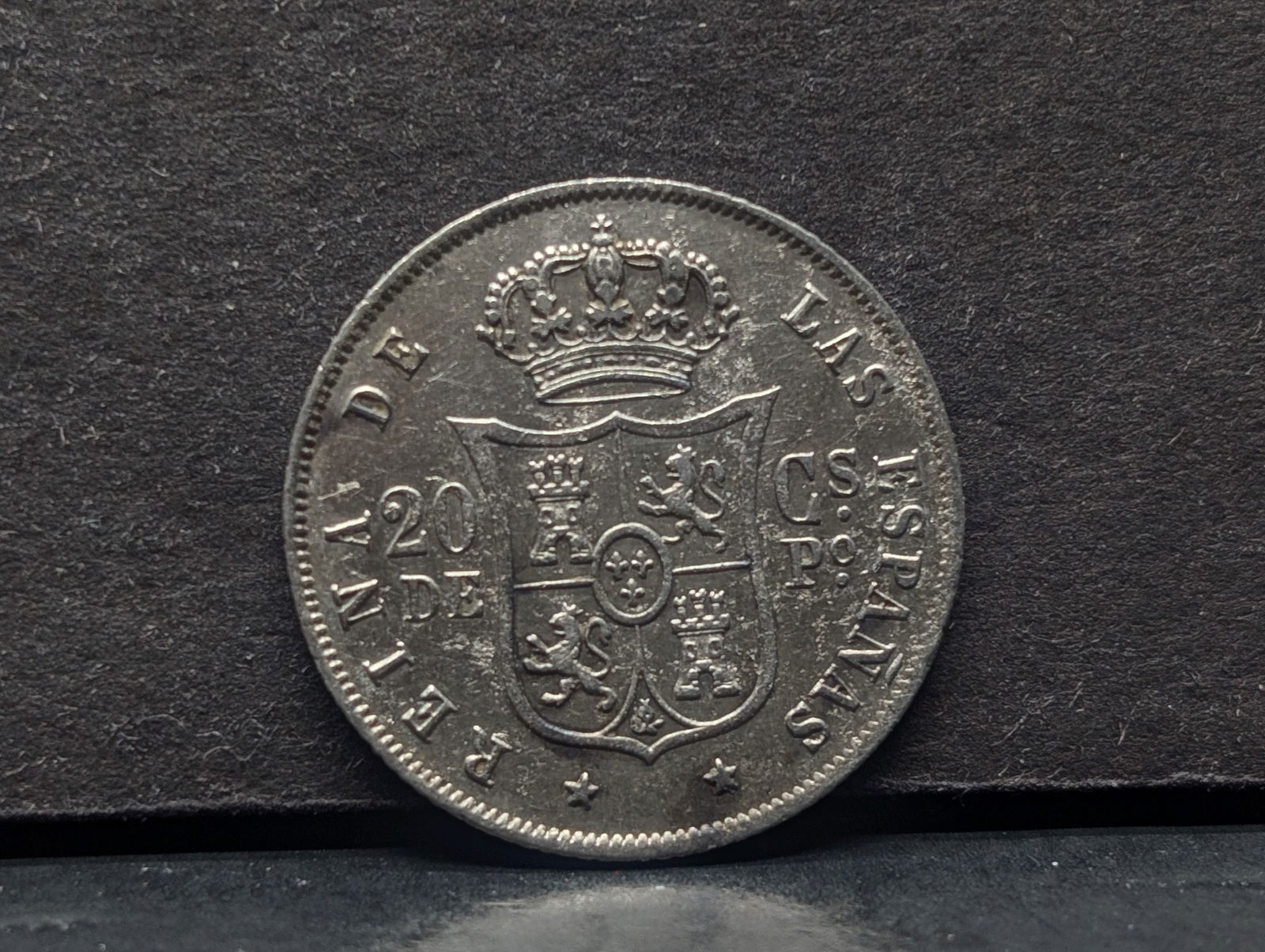 1868 Philippines Isabella Spain 20 Centavos 90% Silver (1 of 2)