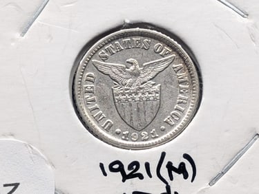 1921(M) Philippines 10 Centavos Silver AU, 75% Silver