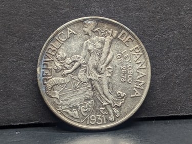 1931 Panama Balboa Silver UNC With Heavy Toning, 90% Silver