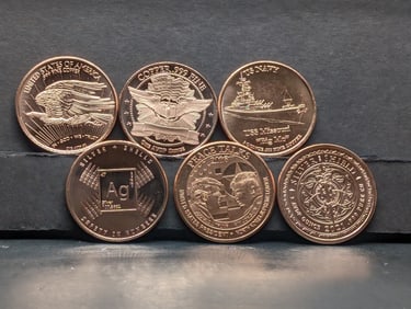1 Oz. Each .999 FINE COPPER Various Designed Rounds (6 PCS)