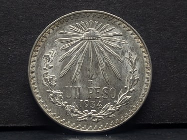 1934M Mexican One Peso With Cap And Ray Motif, 72% Silver