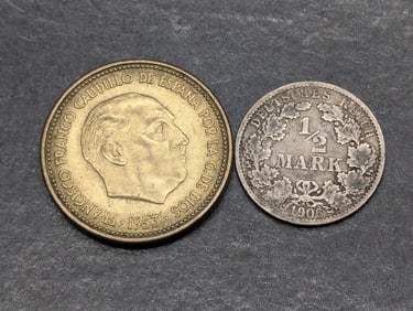 1906 Germany 1/2 Silver Mark & 1953 Spain 2 1/2 Pesetas