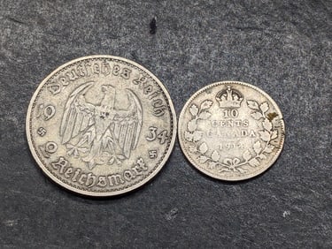 1934-D Germany 2 Silver Reichsmark & 1914 Canada 10 Silver Cents