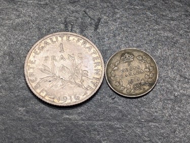 1919 Canada 5 Silver Cents & 1916 France 1 Silver Franc